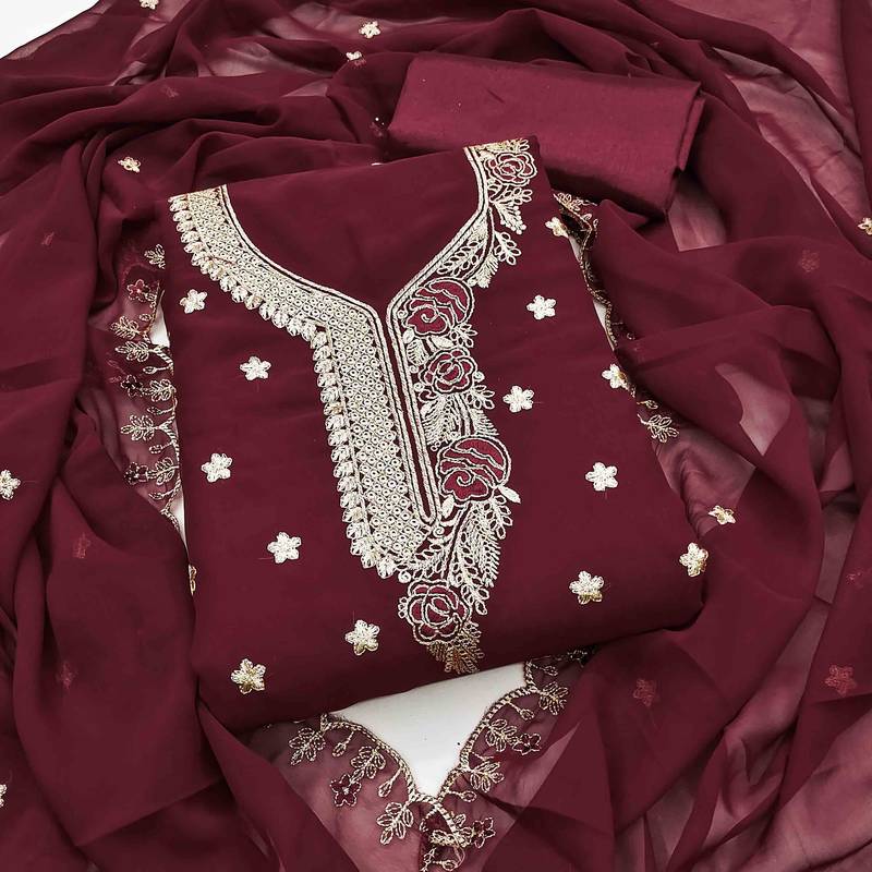 maroon georgette embroidered unstitched dressmaterials 3 pair top bottom dupptaa