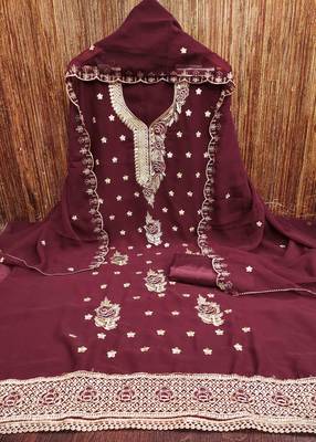 maroon georgette embroidered unstitched dressmaterials 3 pair top bottom dupptaa 2