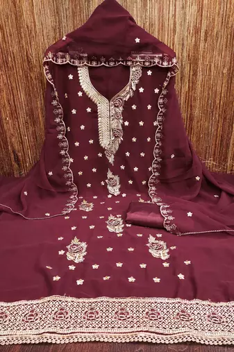 maroon georgette embroidered unstitched dressmaterials 3 pair top bottom dupptaa