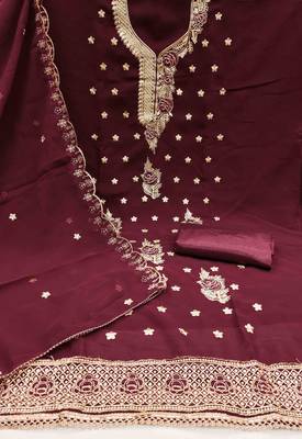 maroon georgette embroidered unstitched dressmaterials 3 pair top bottom dupptaa 3