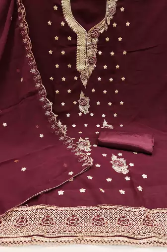 maroon georgette embroidered unstitched dressmaterials 3 pair top bottom dupptaa