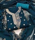 indigo georgette embroidered unstitched dressmaterials 3 pair top bottom dupptaa