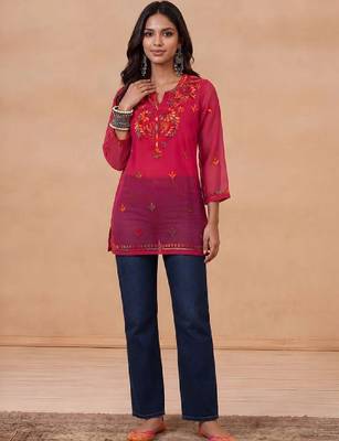 Women embroidered thread work georgette kurta 1