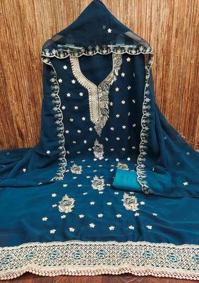 indigo georgette embroidered unstitched dressmaterials 3 pair top bottom dupptaa 2