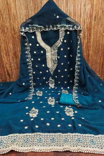 indigo georgette embroidered unstitched dressmaterials 3 pair top bottom dupptaa