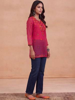 Women embroidered thread work georgette kurta 2