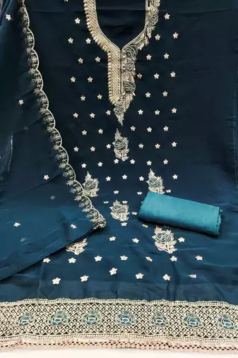 indigo georgette embroidered unstitched dressmaterials 3 pair top bottom dupptaa