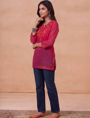 Women embroidered thread work georgette kurta 3