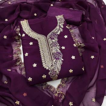 wine georgette embroidered unstitched dressmaterials 3 pair top bottom dupptaa 1