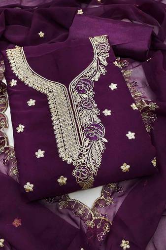 wine georgette embroidered unstitched dressmaterials 3 pair top bottom dupptaa