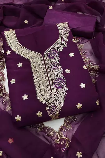 wine georgette embroidered unstitched dressmaterials 3 pair top bottom dupptaa
