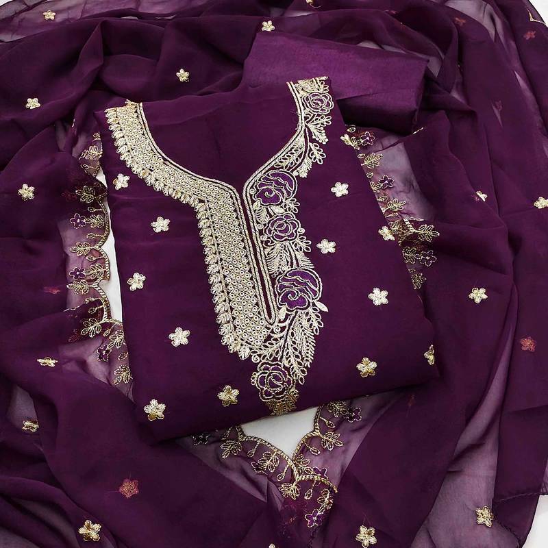 wine georgette embroidered unstitched dressmaterials 3 pair top bottom dupptaa
