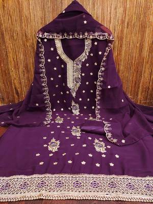 wine georgette embroidered unstitched dressmaterials 3 pair top bottom dupptaa 2