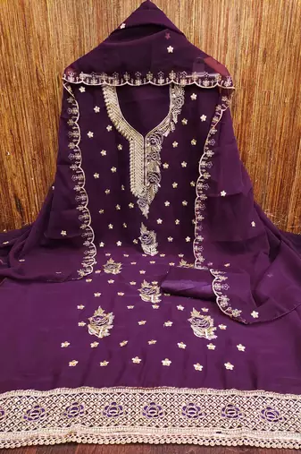 wine georgette embroidered unstitched dressmaterials 3 pair top bottom dupptaa