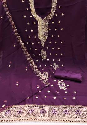 wine georgette embroidered unstitched dressmaterials 3 pair top bottom dupptaa 3