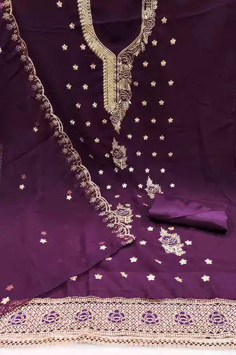 wine georgette embroidered unstitched dressmaterials 3 pair top bottom dupptaa