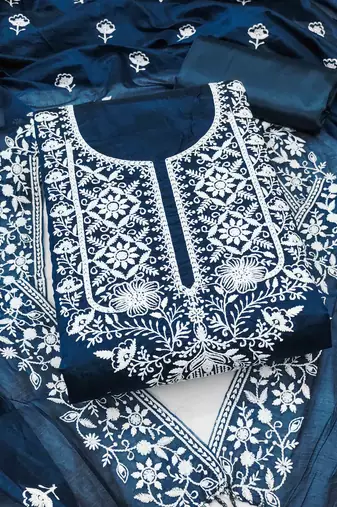 blue chanderi embroidered unstitched dress materials 3 pair top bottom dupatta