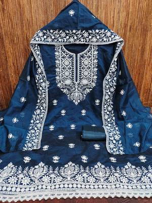 blue chanderi embroidered unstitched dress materials 3 pair top bottom dupatta 2