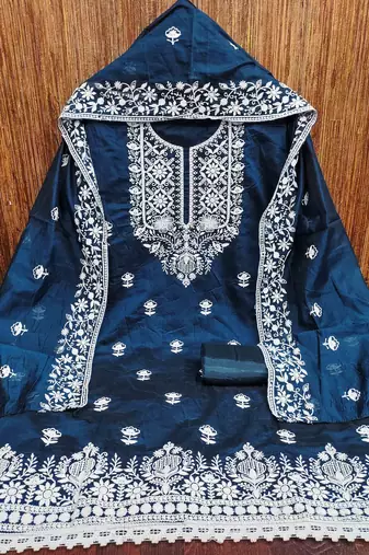 blue chanderi embroidered unstitched dress materials 3 pair top bottom dupatta