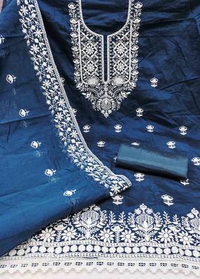 blue chanderi embroidered unstitched dress materials 3 pair top bottom dupatta 3