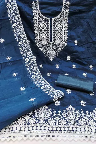 blue chanderi embroidered unstitched dress materials 3 pair top bottom dupatta