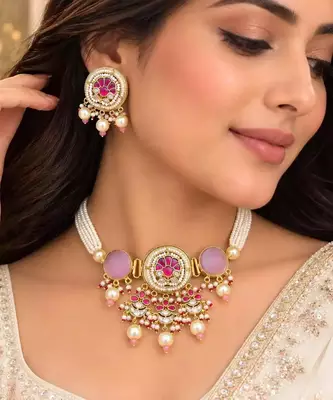 Pink Kundan Pearl Bridal Necklace Set, Traditional Indian Jewelry, Statement Choker Earrings 1
