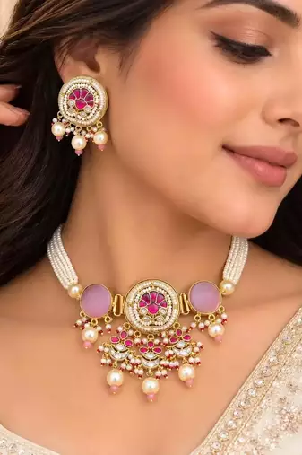 Pink Kundan Pearl Bridal Necklace Set, Traditional Indian Jewelry, Statement Choker Earrings