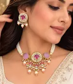Pink Kundan Pearl Bridal Necklace Set, Traditional Indian Jewelry, Statement Choker Earrings