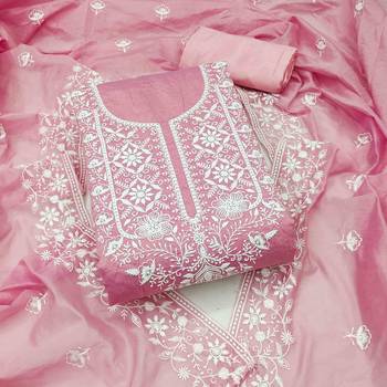 pink chanderi embroidered unstitched dress materials 3 pair top bottom dupatta 1