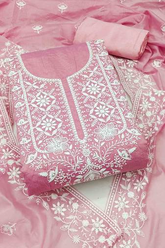 pink chanderi embroidered unstitched dress materials 3 pair top bottom dupatta