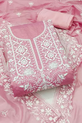 pink chanderi embroidered unstitched dress materials 3 pair top bottom dupatta