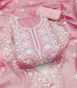pink chanderi embroidered unstitched dress materials 3 pair top bottom dupatta