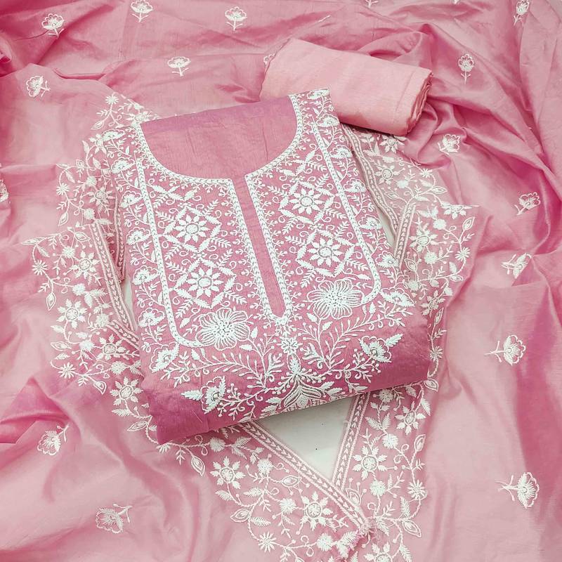 pink chanderi embroidered unstitched dress materials 3 pair top bottom dupatta