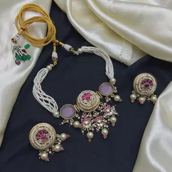 Pink Kundan Pearl Bridal Necklace Set, Traditional Indian Jewelry, Statement Choker Earrings 2