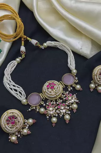 Pink Kundan Pearl Bridal Necklace Set, Traditional Indian Jewelry, Statement Choker Earrings