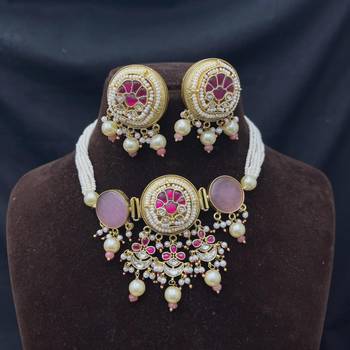 Pink Kundan Pearl Bridal Necklace Set, Traditional Indian Jewelry, Statement Choker Earrings 3