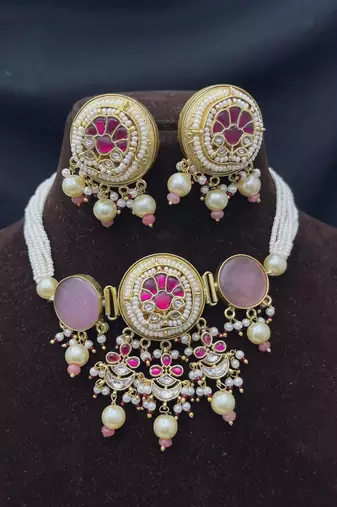 Pink Kundan Pearl Bridal Necklace Set, Traditional Indian Jewelry, Statement Choker Earrings