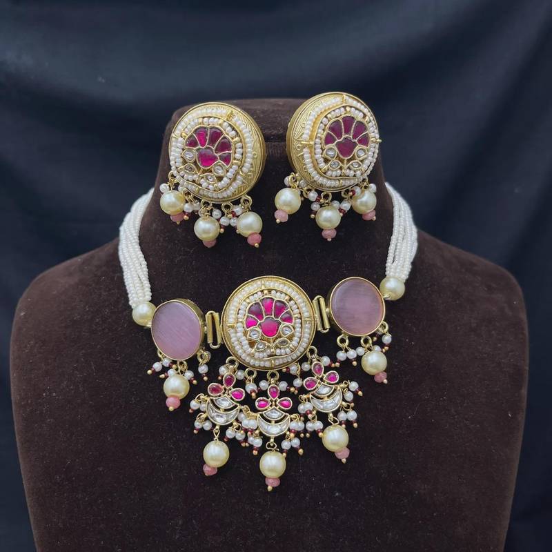 Pink Kundan Pearl Bridal Necklace Set, Traditional Indian Jewelry, Statement Choker Earrings