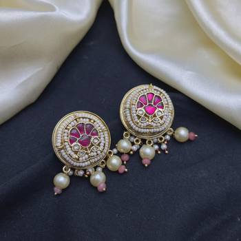 Pink Kundan Pearl Bridal Necklace Set, Traditional Indian Jewelry, Statement Choker Earrings 4