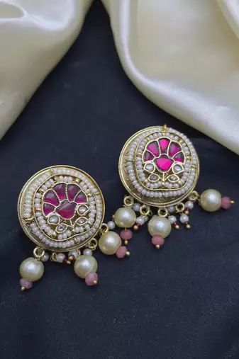 Pink Kundan Pearl Bridal Necklace Set, Traditional Indian Jewelry, Statement Choker Earrings