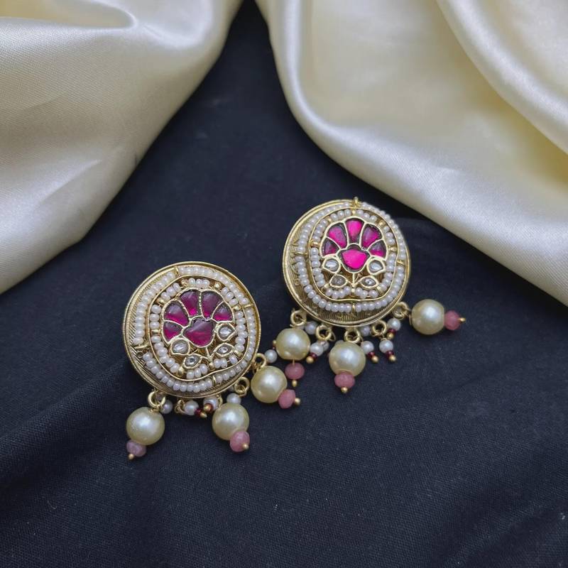 Pink Kundan Pearl Bridal Necklace Set, Traditional Indian Jewelry, Statement Choker Earrings
