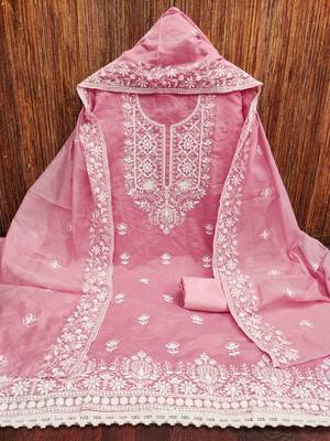 pink chanderi embroidered unstitched dress materials 3 pair top bottom dupatta 2
