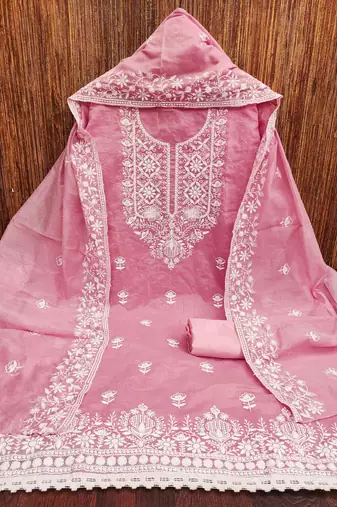 pink chanderi embroidered unstitched dress materials 3 pair top bottom dupatta