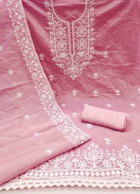 pink chanderi embroidered unstitched dress materials 3 pair top bottom dupatta 3