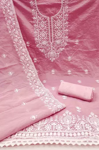 pink chanderi embroidered unstitched dress materials 3 pair top bottom dupatta