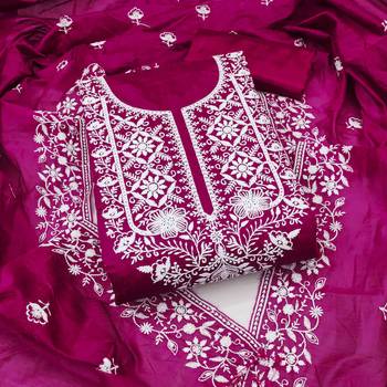 pink chanderi embroidered unstitched dress materials 3 pair top bottom dupatta 1