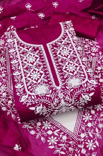 pink chanderi embroidered unstitched dress materials 3 pair top bottom dupatta