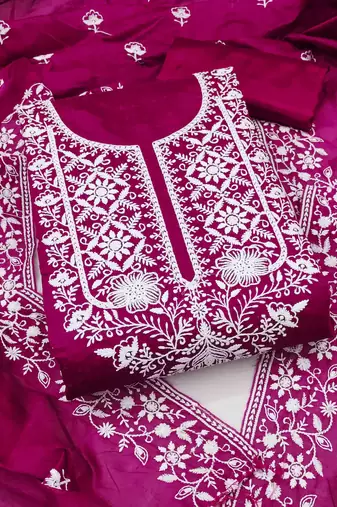 pink chanderi embroidered unstitched dress materials 3 pair top bottom dupatta