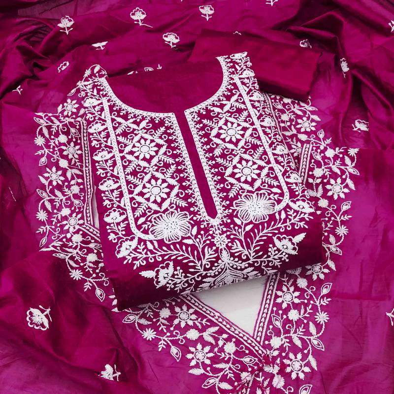 pink chanderi embroidered unstitched dress materials 3 pair top bottom dupatta