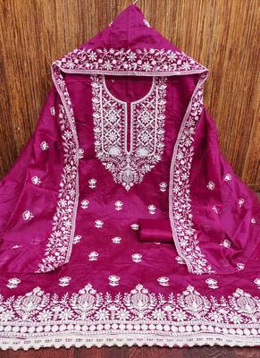 pink chanderi embroidered unstitched dress materials 3 pair top bottom dupatta 2